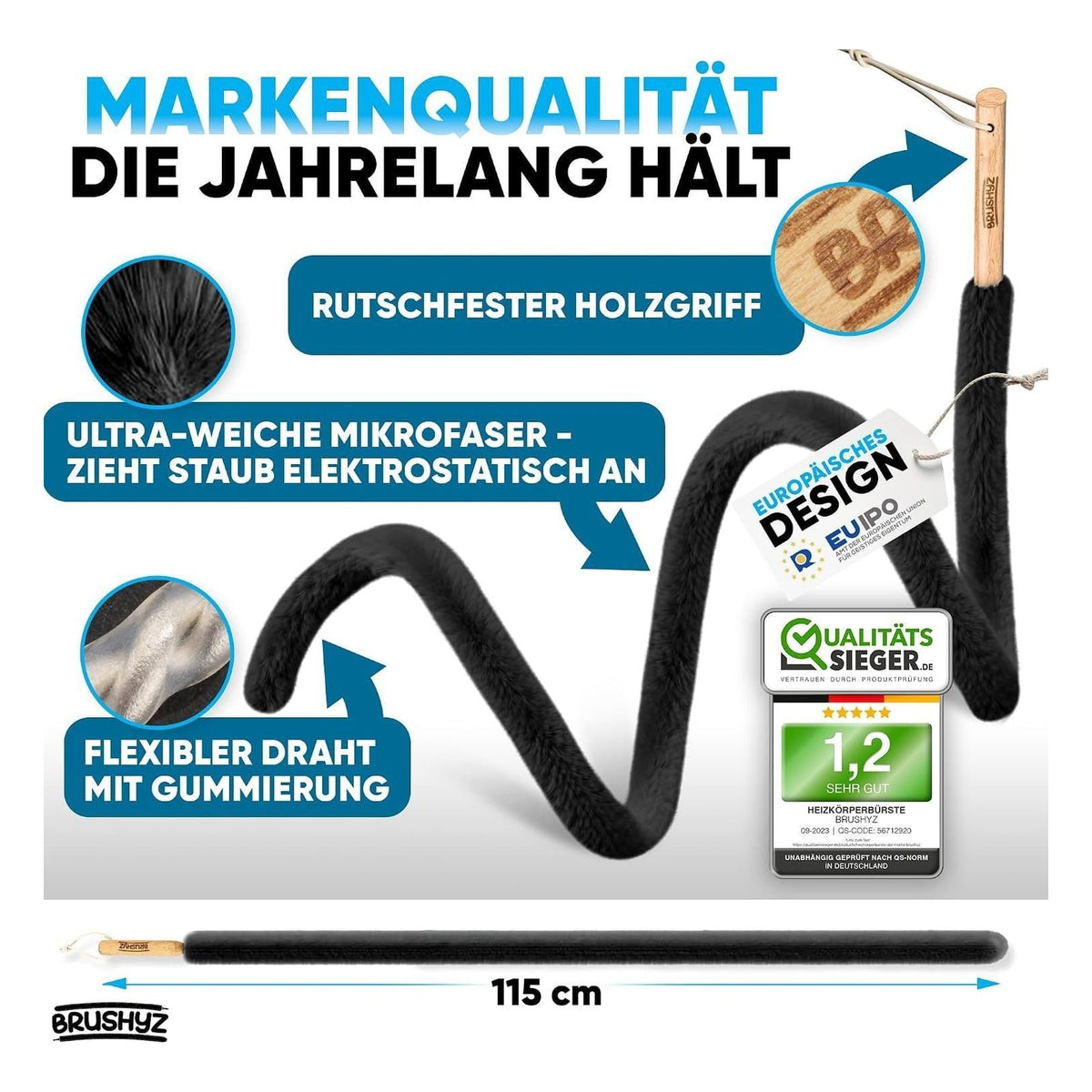 Perie lunga BRUSHYZ pentru curatarea caloriferelor, cu cheie de aerisire, 115 cm, neagra