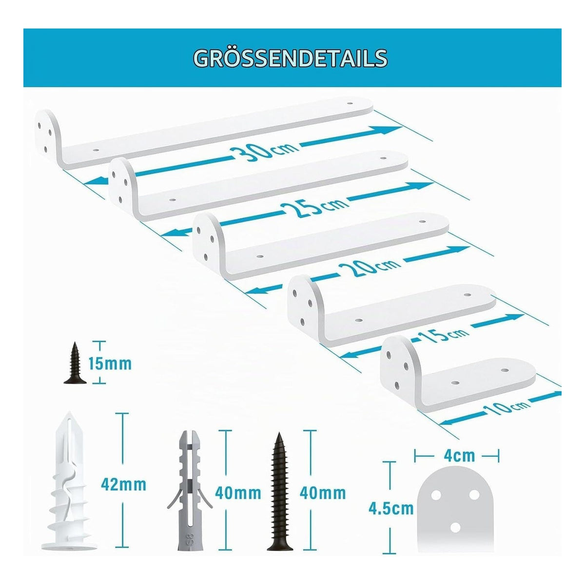 Console pentru raft WELDUN, 20 cm, set 4 bucati, albe