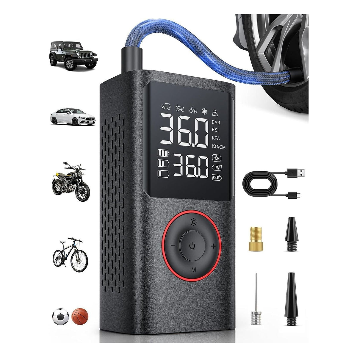 [RESIGILAT] Compresor auto portabil Powools, pompa electrica fara fir cu manometru digital, oprire automata si lumina LED, negru