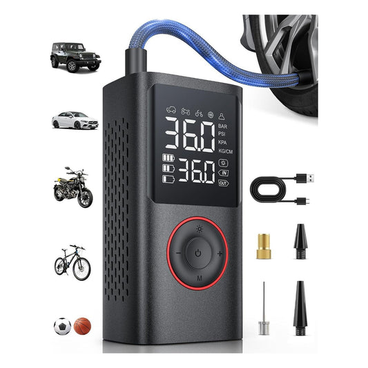 [RESIGILAT] Compresor auto portabil Powools, pompa electrica fara fir cu manometru digital, oprire automata si lumina LED, negru