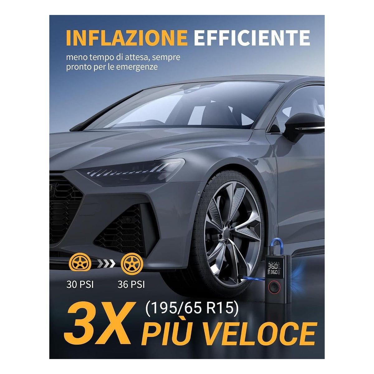 [RESIGILAT] Compresor auto portabil Powools, pompa electrica fara fir cu manometru digital, oprire automata si lumina LED, negru