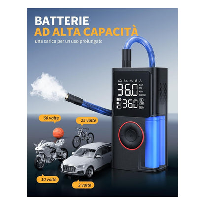 [RESIGILAT] Compresor auto portabil Powools, pompa electrica fara fir cu manometru digital, oprire automata si lumina LED, negru