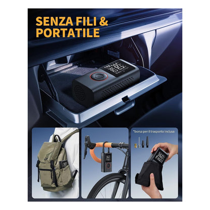 [RESIGILAT] Compresor auto portabil Powools, pompa electrica fara fir cu manometru digital, oprire automata si lumina LED, negru