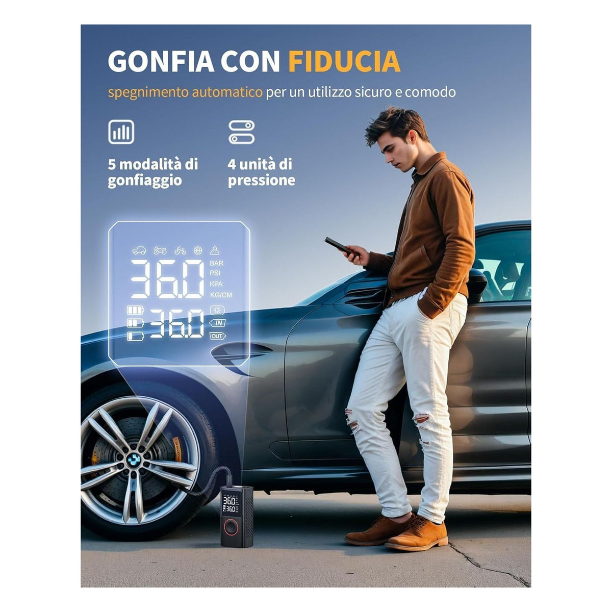 [RESIGILAT] Compresor auto portabil Powools, pompa electrica fara fir cu manometru digital, oprire automata si lumina LED, negru