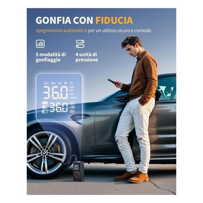 [RESIGILAT] Compresor auto portabil Powools, pompa electrica fara fir cu manometru digital, oprire automata si lumina LED, negru