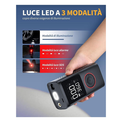 [RESIGILAT] Compresor auto portabil Powools, pompa electrica fara fir cu manometru digital, oprire automata si lumina LED, negru