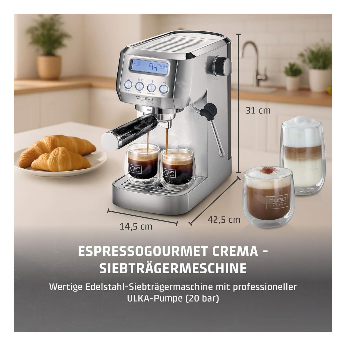 [RESIGILAT] Espressor Caso EspressoGourmet Crema cu portafiltru din inox, pompa ULKA 20 bari, spumare lapte, cafea macinata si paduri ESE