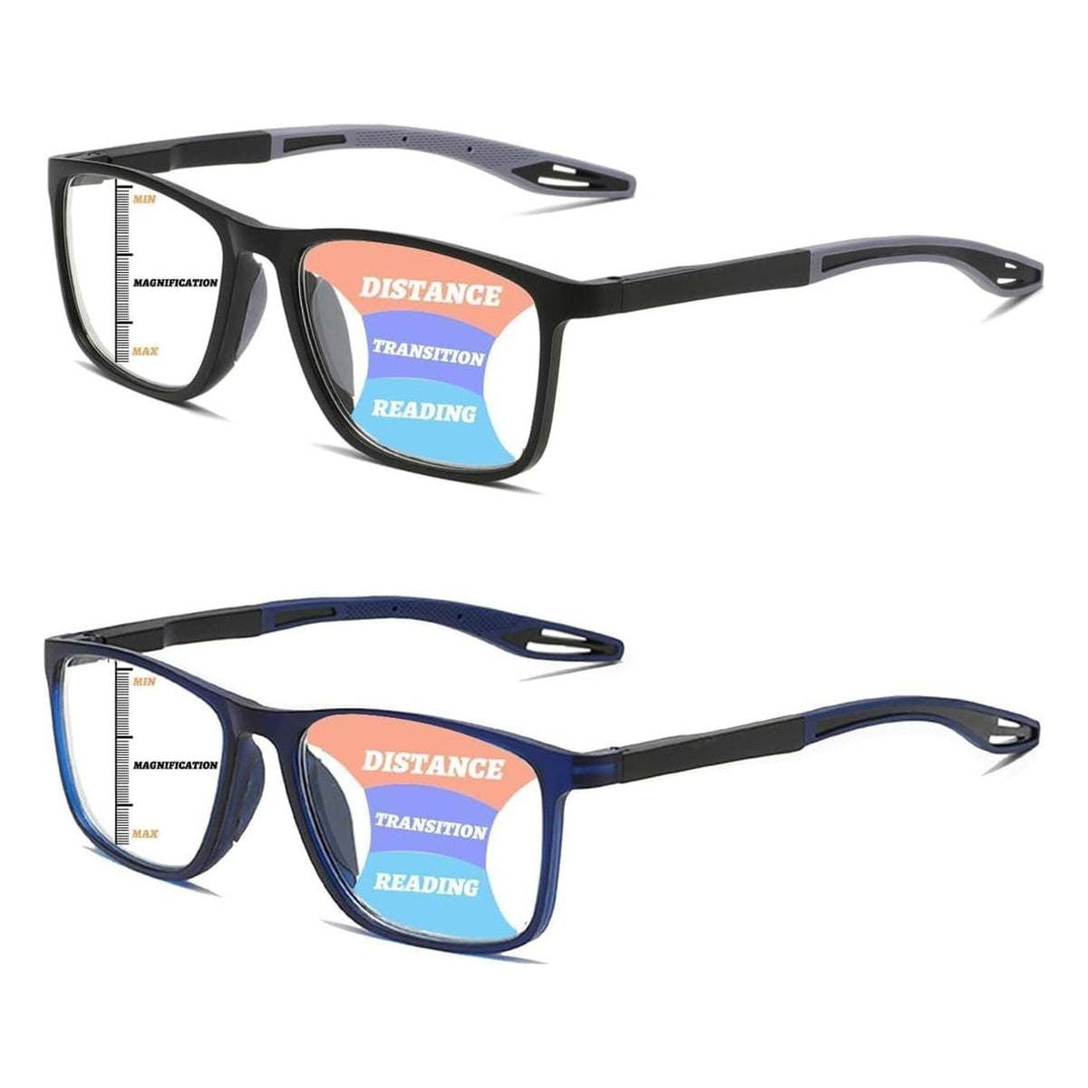 Ochelari de citit progresivi Hubeye TR90, patrati, cu filtru lumina albastra, negru/albastru, 1.00 dioptrii