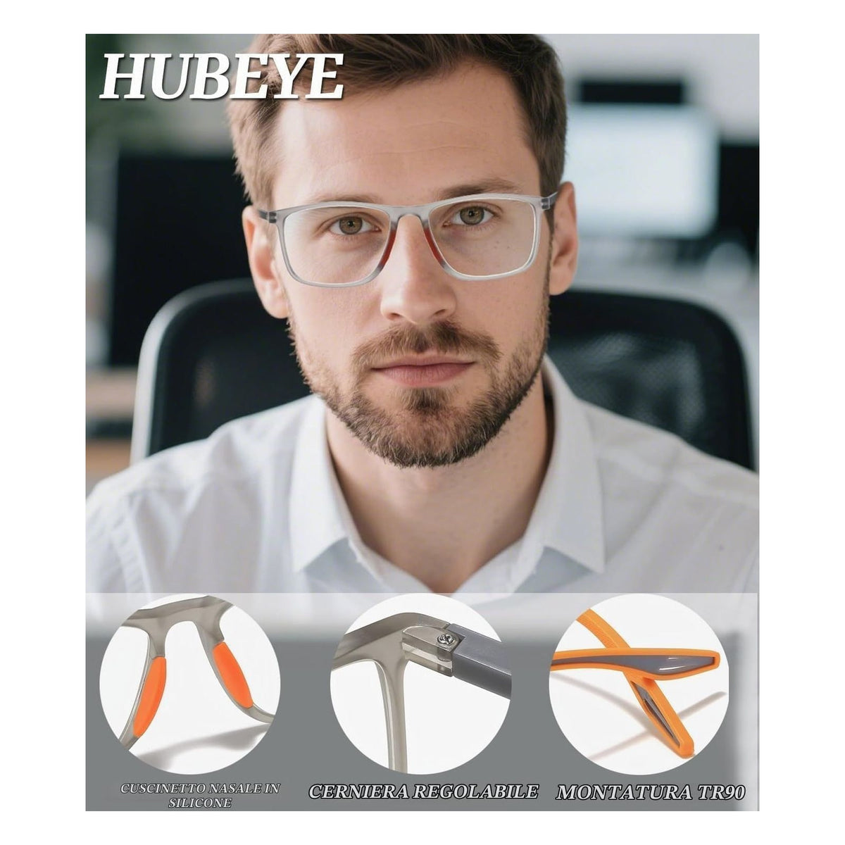 Ochelari de citit progresivi Hubeye TR90, patrati, cu filtru lumina albastra, negru/albastru, 1.00 dioptrii