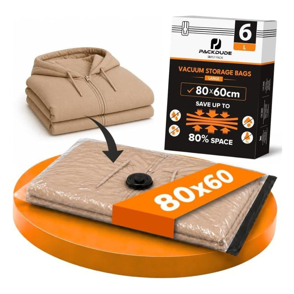 Set 6 saci vacuum PACKDUDE pentru haine, marimea L, 80 x 60 cm
