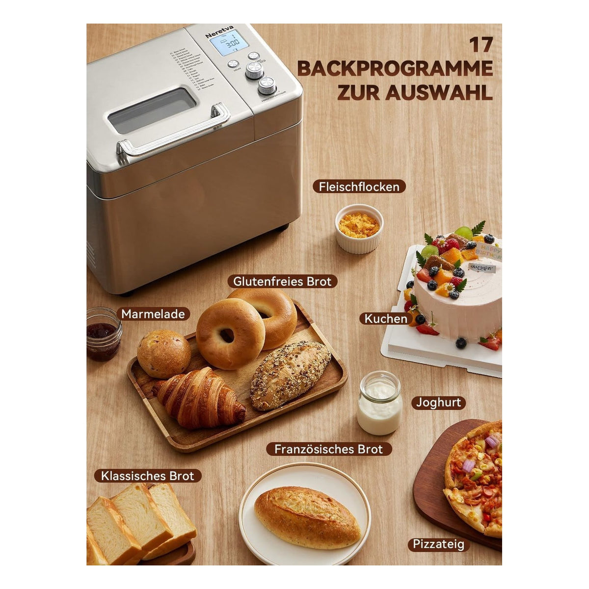 Masina de paine Neretva silentioasa cu compartiment pentru ingrediente si 17 programe