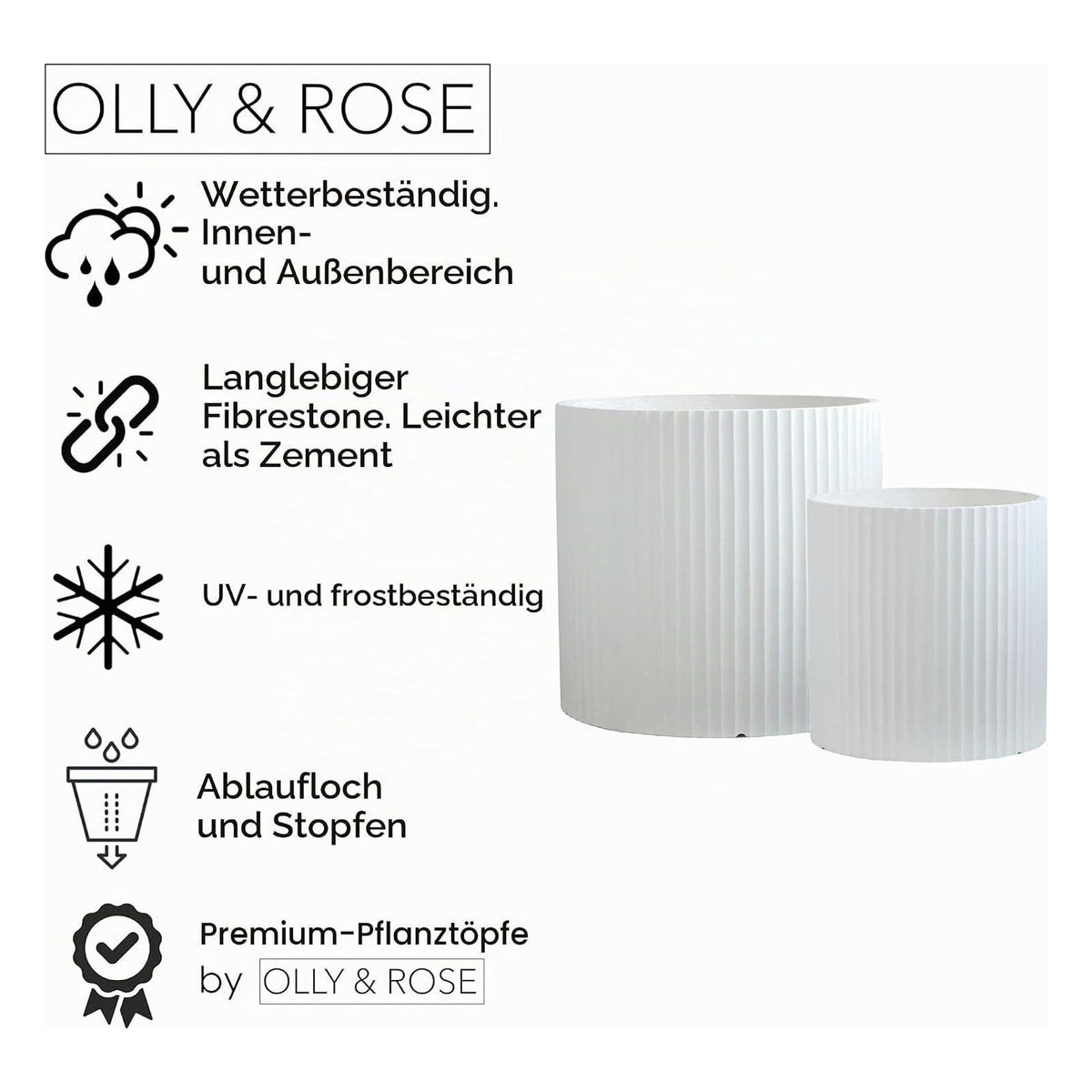 Set 2 ghivece Olly & Rose din fibrestone cu striatii, alb, XX-Large, diametre 58 cm si 40 cm