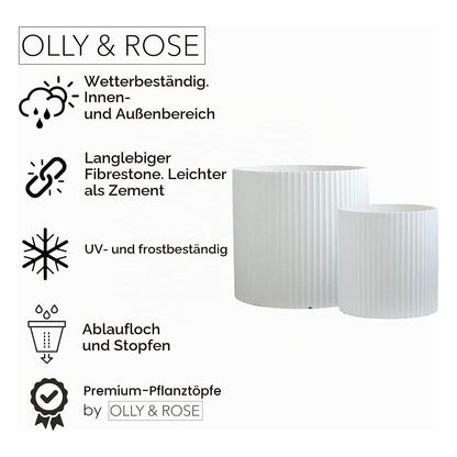 Set 2 ghivece Olly & Rose din fibrestone cu striatii, alb, XX-Large, diametre 58 cm si 40 cm