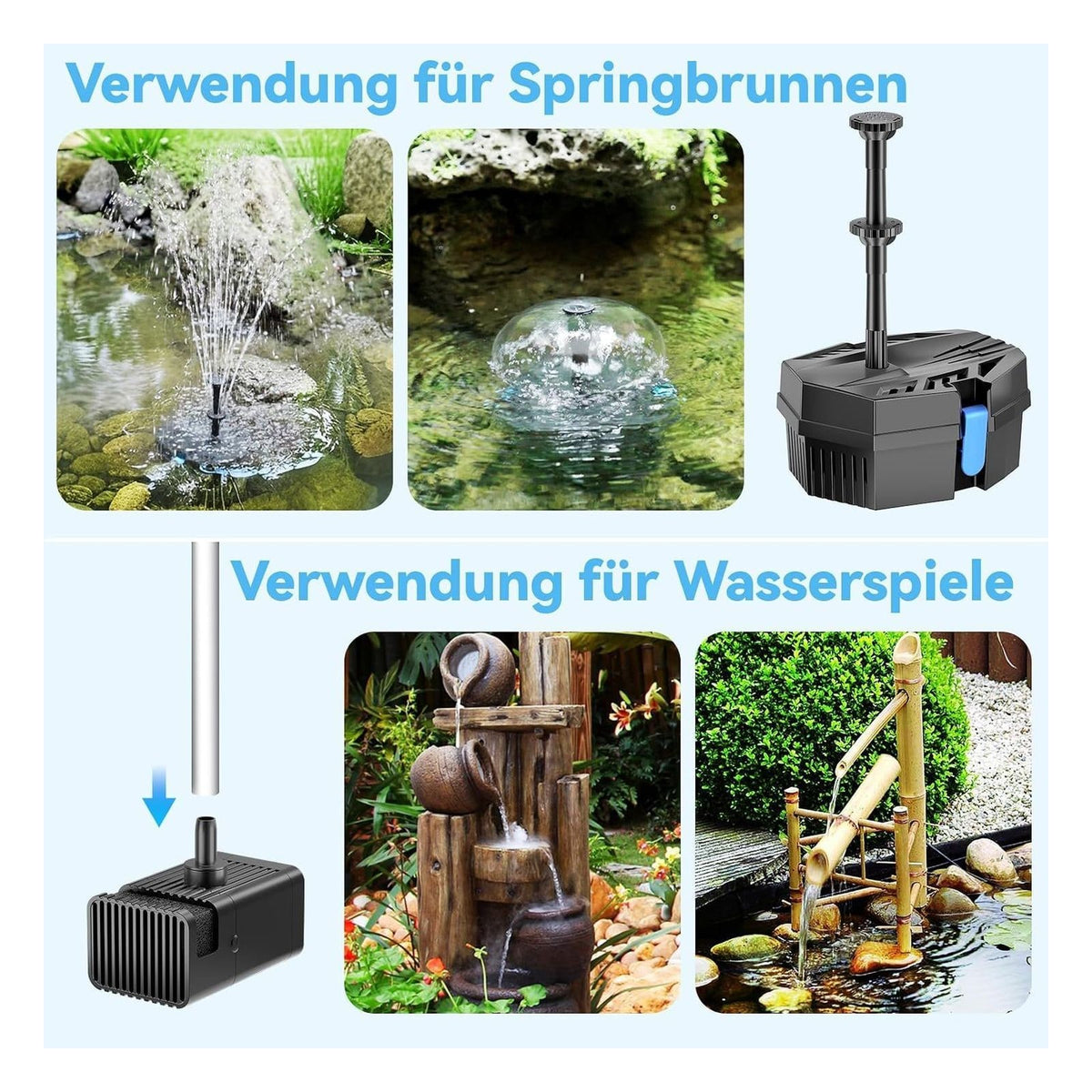 Filtru solar pentru iaz POPOSOAP 8 W cu fantana si baterie 3600 mAh, varianta Solarbetrieben