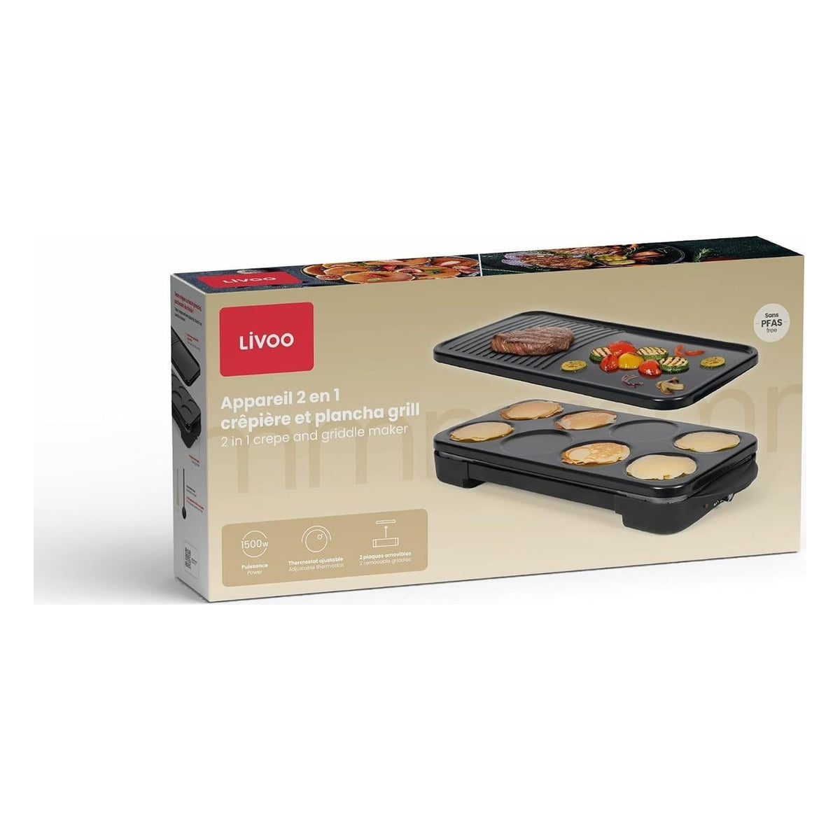Aparat 2 in 1 pentru clatite si gratar Livoo feel good moments, 1500 W, cu 2 placi detasabile fara PFAS