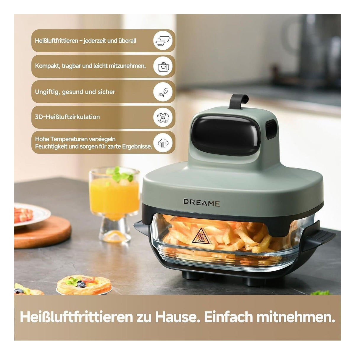 Friteuza cu aer cald dreame Tasti 5 in 1 portabila, recipiente din sticla 2,5 L si 4,5 L