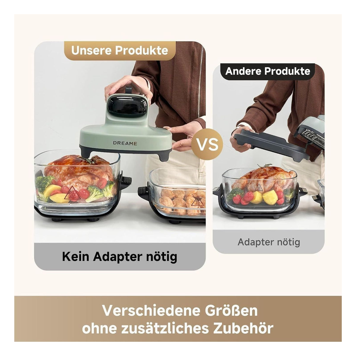 Friteuza cu aer cald dreame Tasti 5 in 1 portabila, recipiente din sticla 2,5 L si 4,5 L
