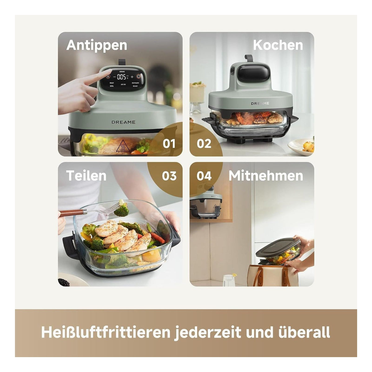 Friteuza cu aer cald dreame Tasti 5 in 1 portabila, recipiente din sticla 2,5 L si 4,5 L
