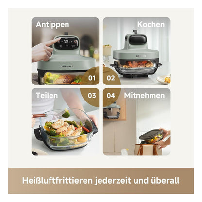 Friteuza cu aer cald dreame Tasti 5 in 1 portabila, recipiente din sticla 2,5 L si 4,5 L