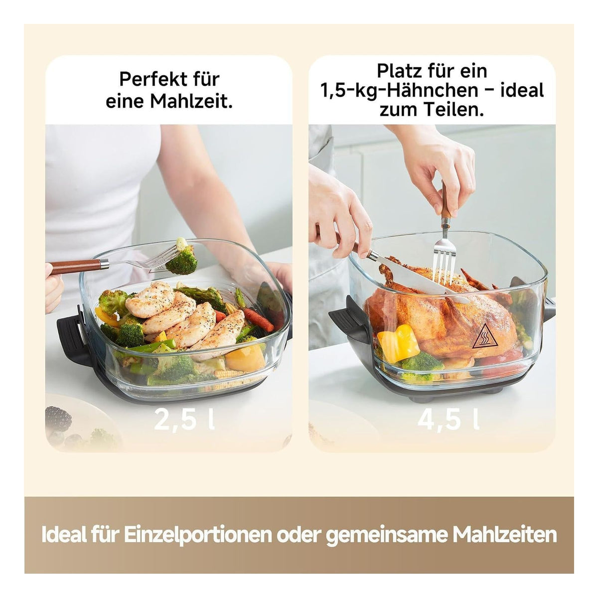 Friteuza cu aer cald dreame Tasti 5 in 1 portabila, recipiente din sticla 2,5 L si 4,5 L