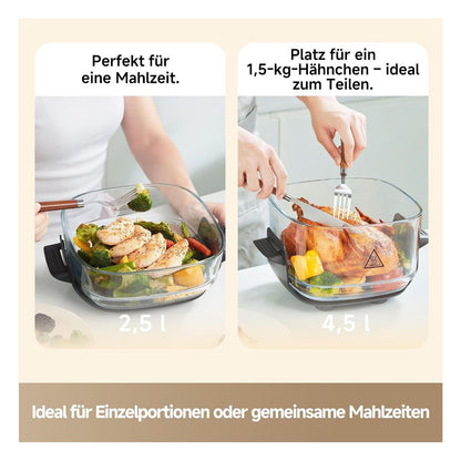 Friteuza cu aer cald dreame Tasti 5 in 1 portabila, recipiente din sticla 2,5 L si 4,5 L