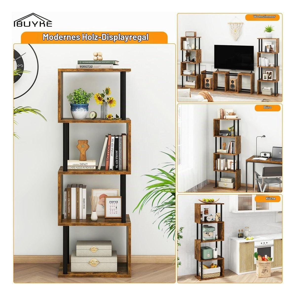 [RESIGILAT] Biblioteca IBUYKE cu 5 niveluri, in forma de S, marimea 5 Ebenen, maro rustic