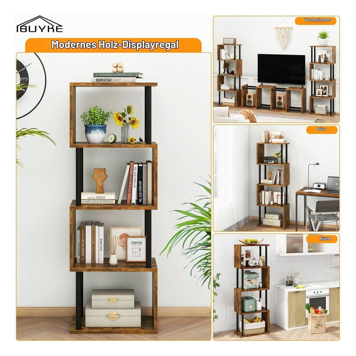 [RESIGILAT] Biblioteca IBUYKE cu 5 niveluri, in forma de S, marimea 5 Ebenen, maro rustic