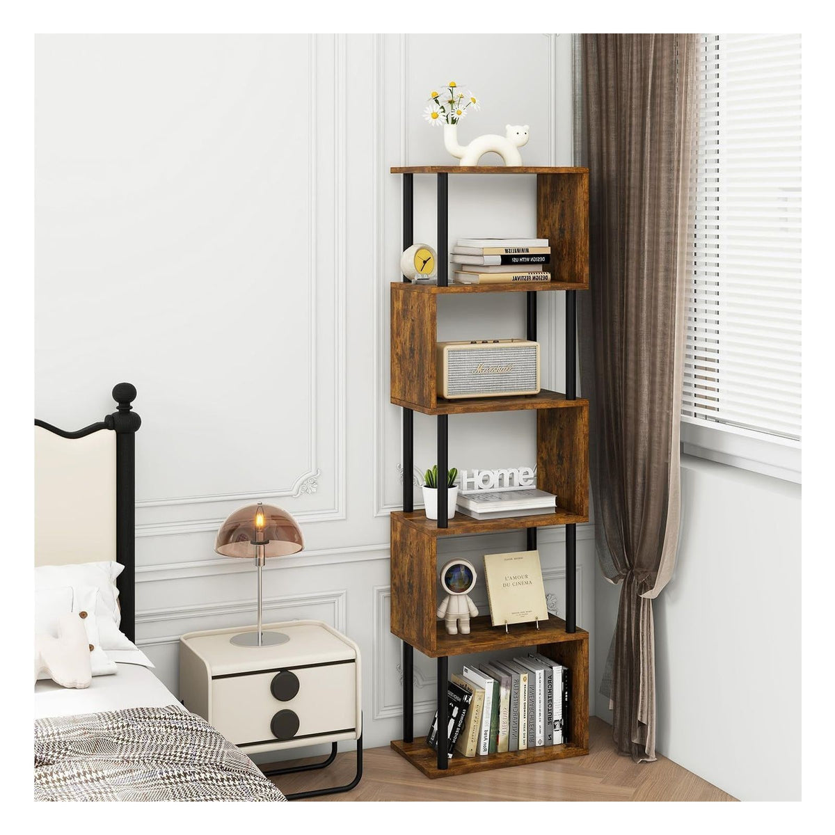 [RESIGILAT] Biblioteca IBUYKE WBC016H in forma de S, 6 niveluri (6 Ebenen), maro rustic