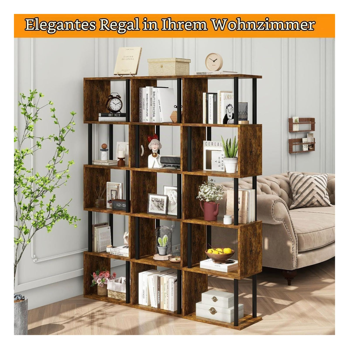 [RESIGILAT] Biblioteca IBUYKE WBC016H in forma de S, 6 niveluri (6 Ebenen), maro rustic