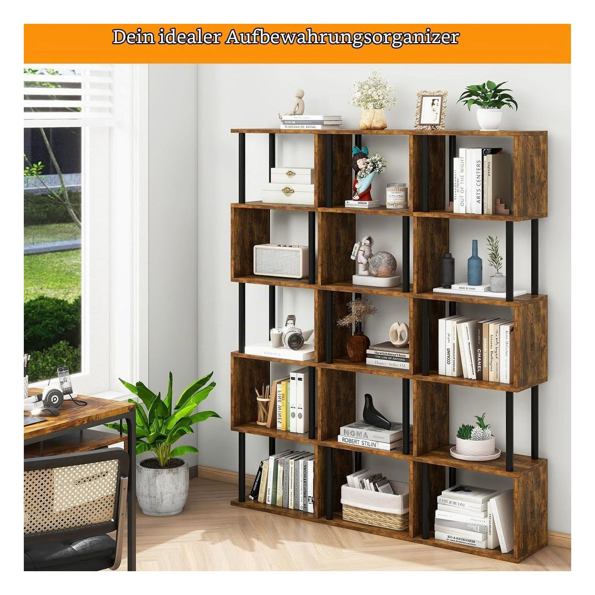 [RESIGILAT] Biblioteca IBUYKE WBC016H in forma de S, 6 niveluri (6 Ebenen), maro rustic