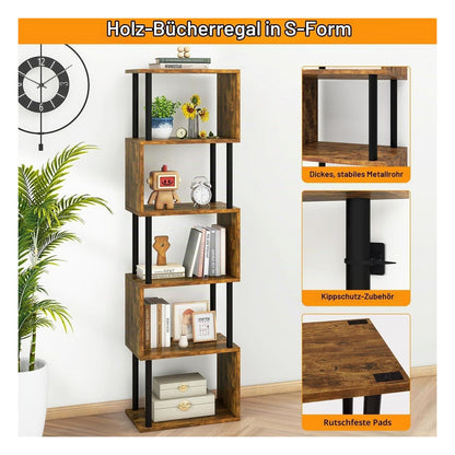[RESIGILAT] Biblioteca IBUYKE WBC016H in forma de S, 6 niveluri (6 Ebenen), maro rustic