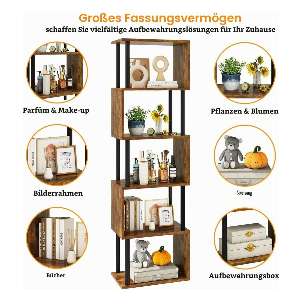 [RESIGILAT] Biblioteca IBUYKE WBC016H in forma de S, 6 niveluri (6 Ebenen), maro rustic