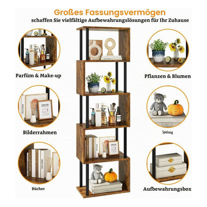 [RESIGILAT] Biblioteca IBUYKE WBC016H in forma de S, 6 niveluri (6 Ebenen), maro rustic