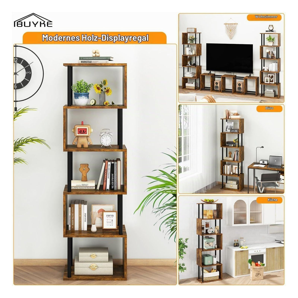 [RESIGILAT] Biblioteca IBUYKE WBC016H in forma de S, 6 niveluri (6 Ebenen), maro rustic