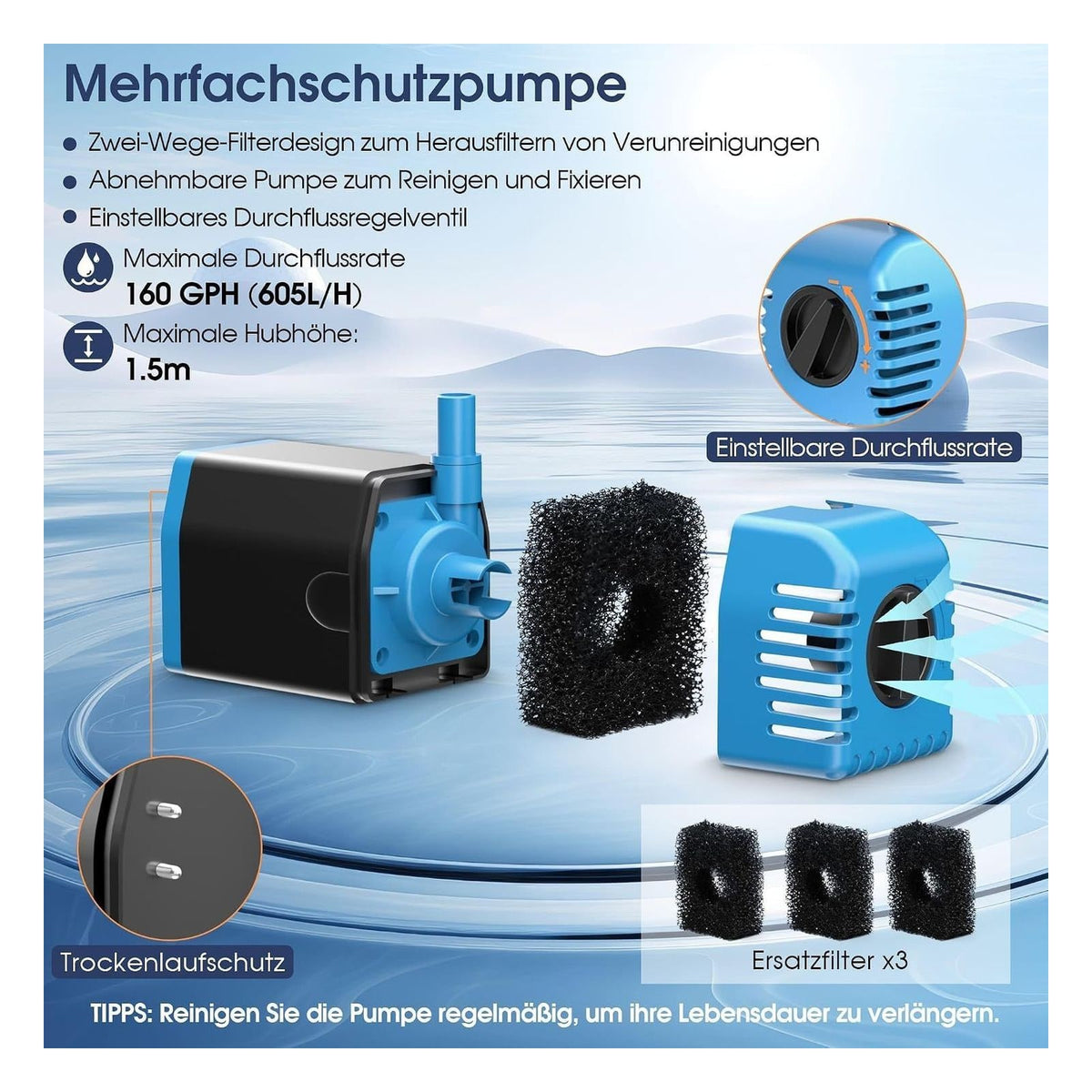 Pompa solara pentru fantana Biling 12 W, 605 L/h, cu 4 duze si furtun