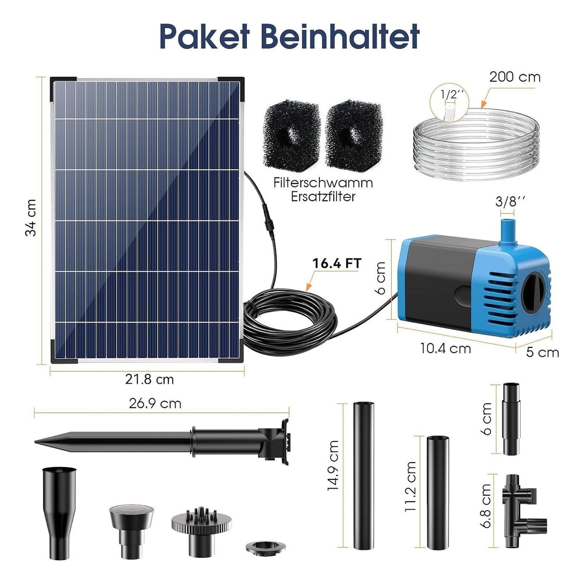 Pompa solara pentru fantana Biling 12 W, 605 L/h, cu 4 duze si furtun