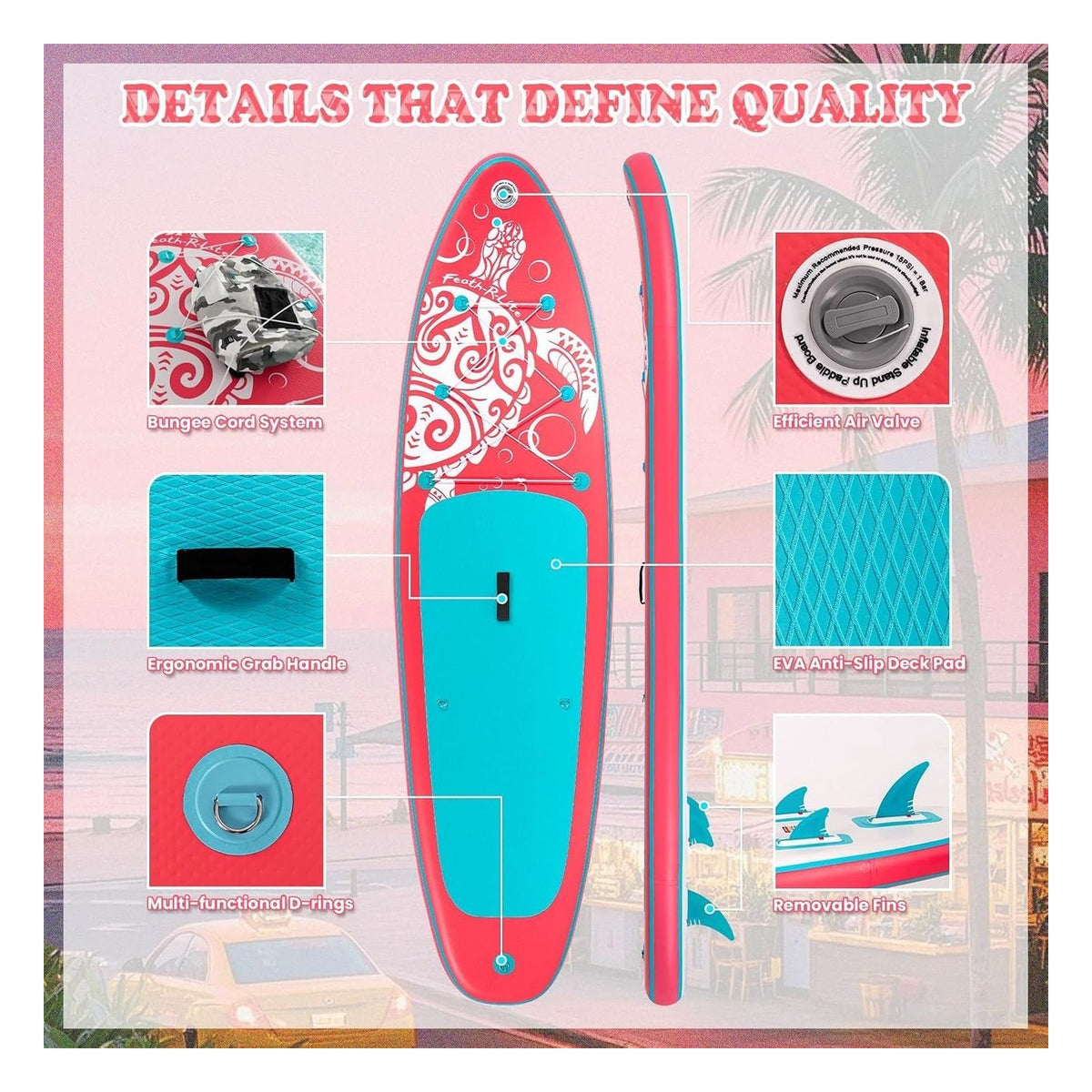Placa SUP gonflabila multifunctionala FEATH-R-LITE cu accesorii si suprafata antiderapanta, pentru adulti si adolescenti, roz FR06-NEW PINK