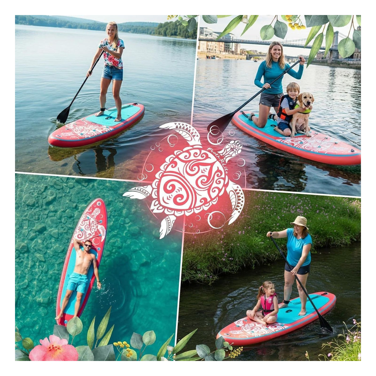 Placa SUP gonflabila multifunctionala FEATH-R-LITE cu accesorii si suprafata antiderapanta, pentru adulti si adolescenti, roz FR06-NEW PINK