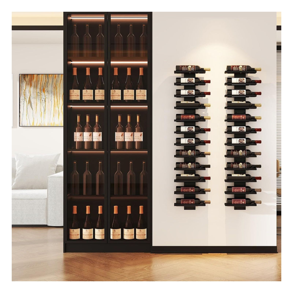 [RESIGILAT] Raft de perete IBUYKE pentru 12 sticle de vin, lemn si fier, marimea Holz, negru