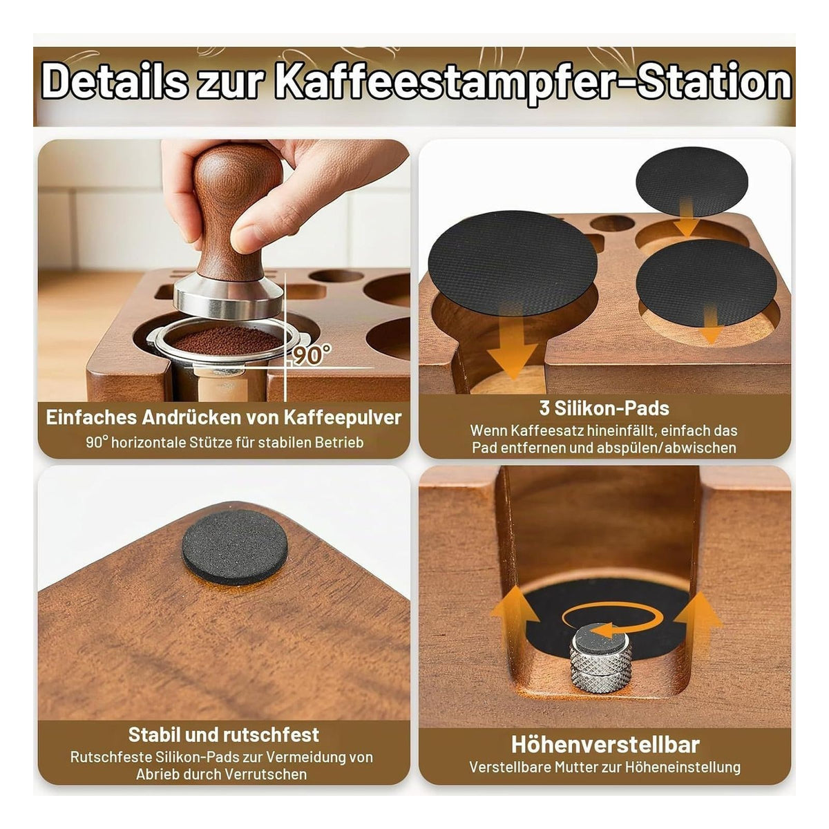 Statie de tasare espresso Shocanm pentru portafiltre de 51/54 mm, lemn de nuc