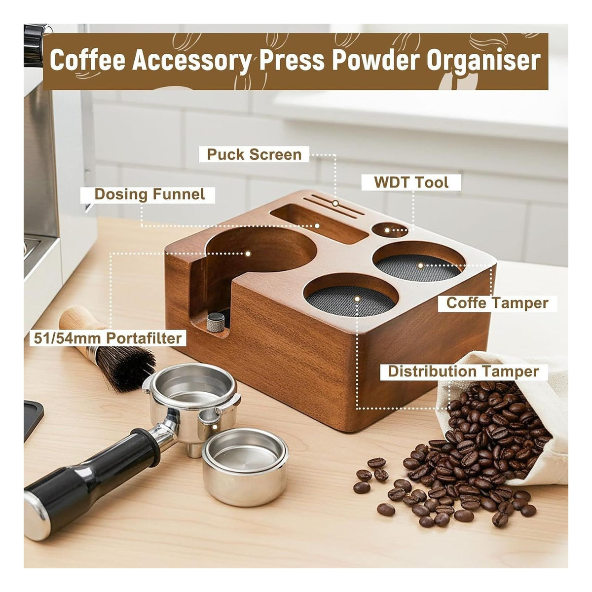 Statie de tasare espresso Shocanm pentru portafiltre de 51/54 mm, lemn de nuc