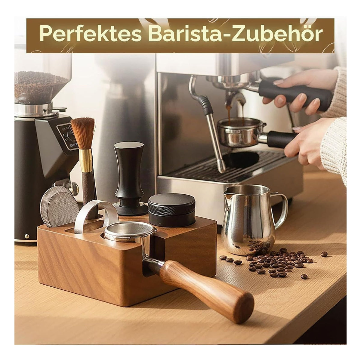 Statie de tasare espresso Shocanm pentru portafiltre de 51/54 mm, lemn de nuc