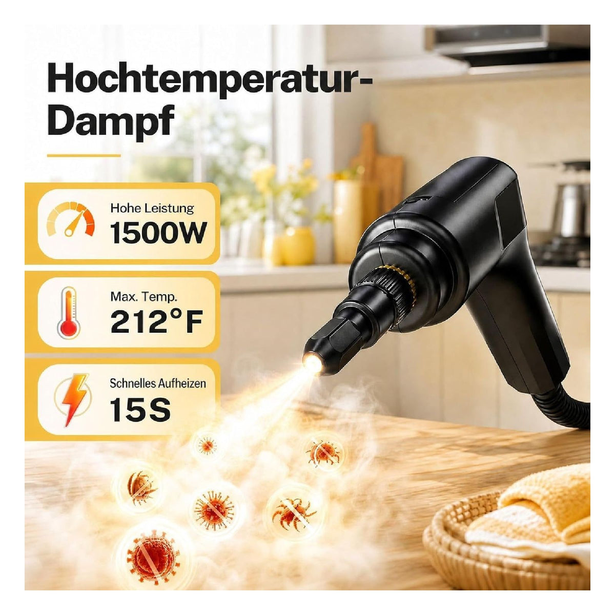 Aparat de curatat cu abur portabil ODSD, 1500 W, rezervor 1,6 L, negru