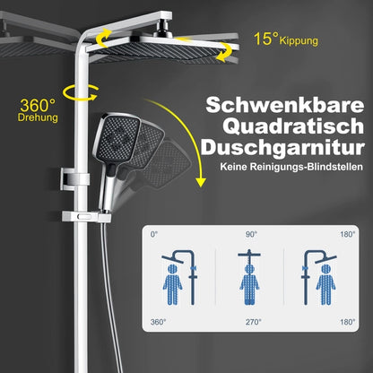 SonTiy Kit Dus Patrat XXL cu Cap Tip Ploaie si Para Dus – 3 Tipuri de Jet, Inversor din Alama, Cromat, Open Box