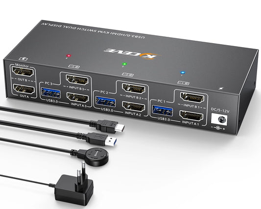 Switch KVM USB 3.0 HDMI, 3 PC la 2 Monitoare, 4K 60Hz, HDMI 2.0, EDID, Telecomanda si Cabluri Incluse