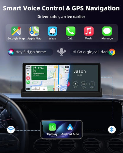 Display Auto 10.26 inch cu Apple CarPlay si Android Auto, Ecran Multimedia Masina cu GPS, Bluetooth, Wi-Fi, Control Vocal Siri/Google, Montaj cu Suport Baza, Actualizare OTA – Model 2025