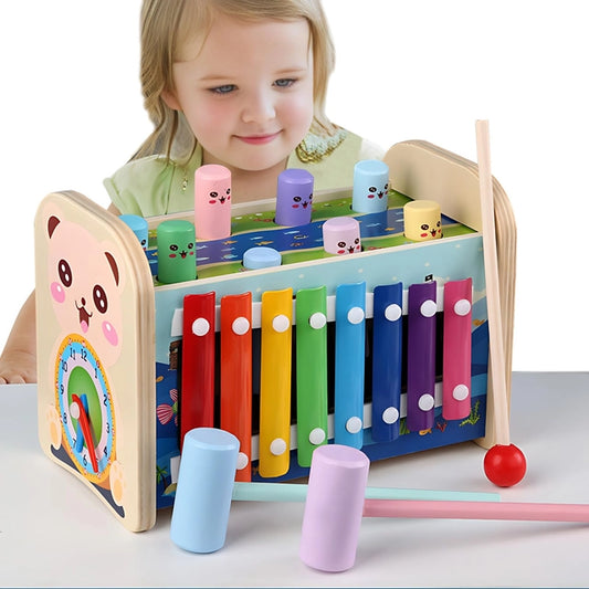 Kingbar 4-in-1 Jucarie Montessori din Lemn pentru Copii – Whack-a-Mole, Xilofon, Ceas, Dezvoltare Abilitati Motorii