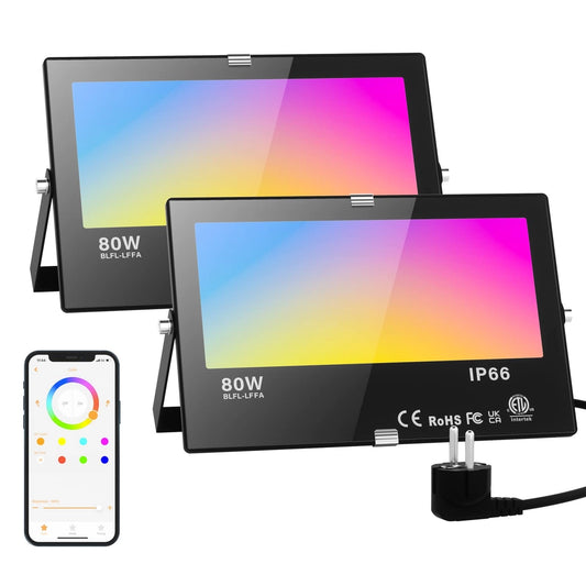 Set 2 Proiectoare RGB LED Exterior 80W cu Bluetooth si Control App – Lumina Dimabila, IP66, 2700K & Culori Multiple